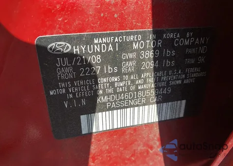 2008 Hyundai Elantra Gls/Se z USA, uszkodzony, nr VIN KMHDU46D18U559449